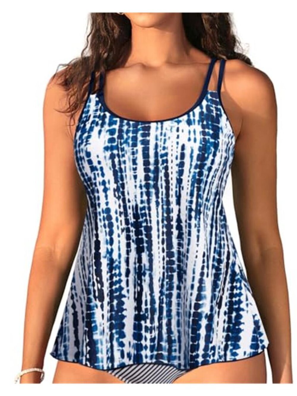 Flowy Tankini Top Only Loose Fit Tummy Control Swim Top Blue Tie Dye Modest